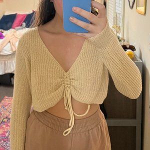 Tan Ruched Tie Up Sweater